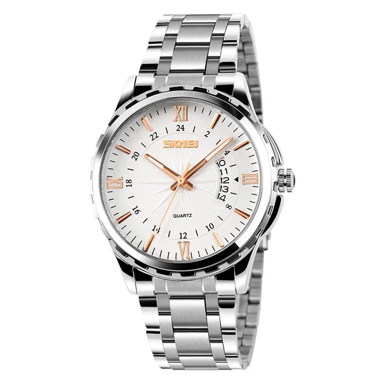 SKMEI 9069 Multifunctional Outdoor Fashion Business Waterproof Silver Shell Quartz Wrist Watch