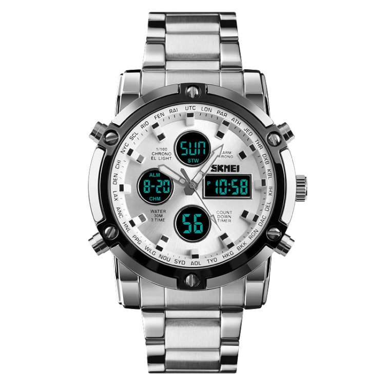 SKMEI 1389 Multifunctional Men Business Digital Watch 30m Waterproof Large Dial Wrist Watch with Stainless Steel Watchband , 1389 Silver, 1389 Black, 1389 Blue