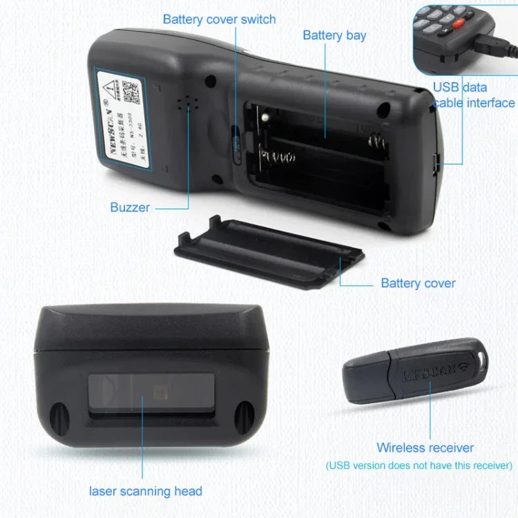 NEWSCAN NS3309 1次元レーザーUSB＋ワイヤレスバーコードスキャナーコレクター、NS3309L