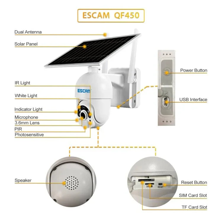 ESCAM QF450 HD 1080P 4G AU Version Solar Powered IP Camera with 64G Memory, Support Two - way Audio & PIR Motion Detection & Night Vision & TF Card - Trustpick
