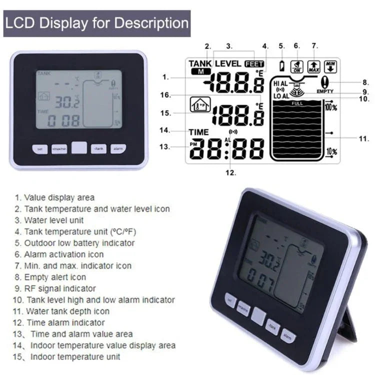 TS - FT002 Multifunctional Ultrasonic Electronic Water Tank Level Gauge With Indoor Temperature Thermometer Clock Display Water Level Gauge - Trustpick